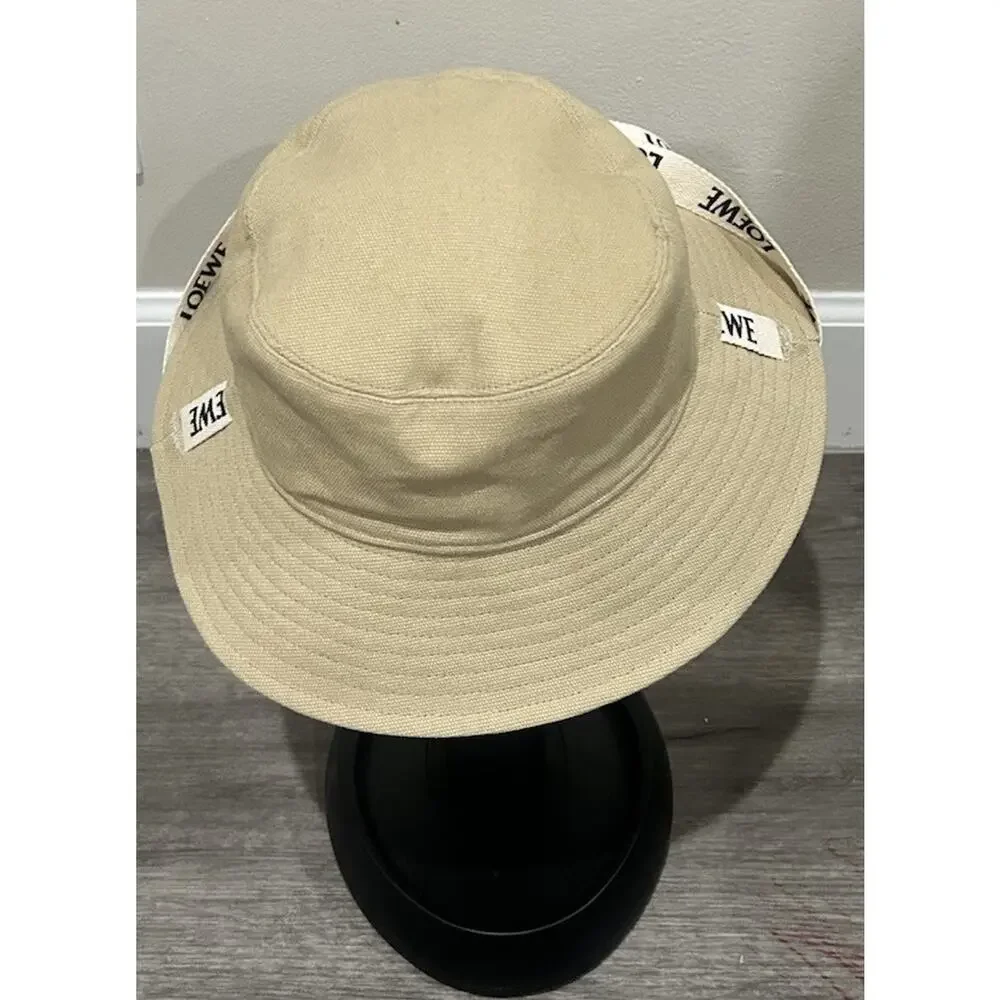 LOEWE Paula’s Ibiza Canvas Bucket Hat Beige Leather Logo Patch Made Italy